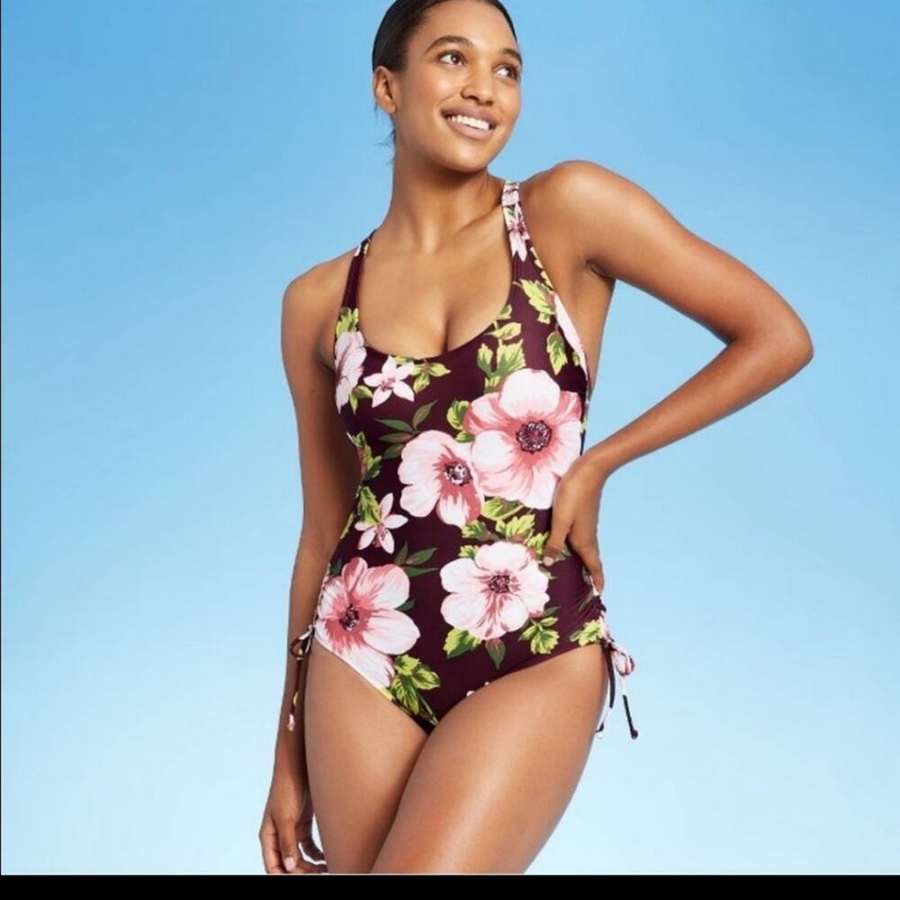 Kona Sol One piece Floral Swim Suit Padded Cups Strappy Back Size XL